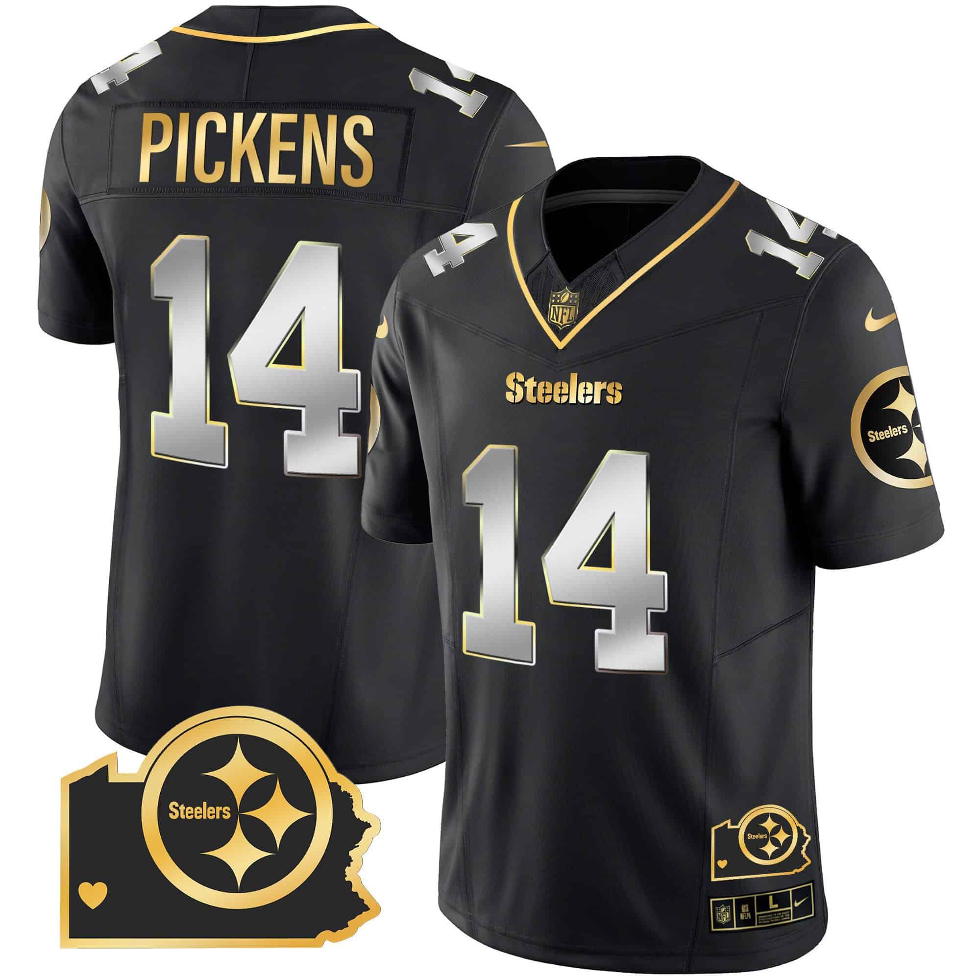 Men Pittsburgh Steelers #14 Pickens Black Gold 2024 Nike Home Patch Vapor Limited NFL Jersey style 1->indianapolis colts->NFL Jersey